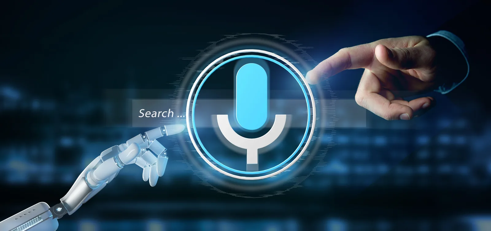 Robotic hand holding an AI-powered search interface