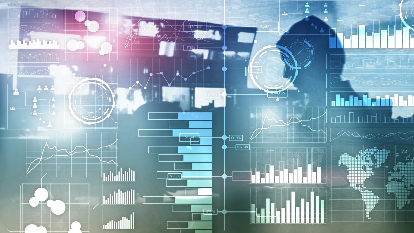 Revenue analytics dashboards and charts on a dark display